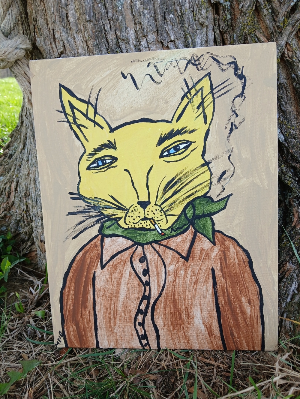 Smoking Cat Painting Folk Art - Picture 10 of 10